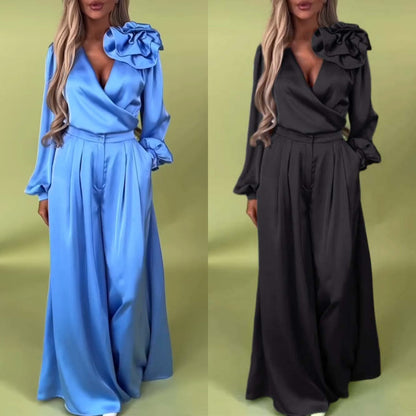 Luksusowy zestaw z satynową koszulą i szerokimi spodniami