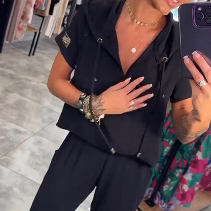 Bluzka z kapturem i dekoltem w serek, krótki rękaw, spodnie, dwuczęściowy zestaw