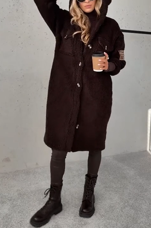 Damski, dzianinowy, z kapturem, zapinany na guziki, z długim rękawem, ciepły płaszcz futrzany