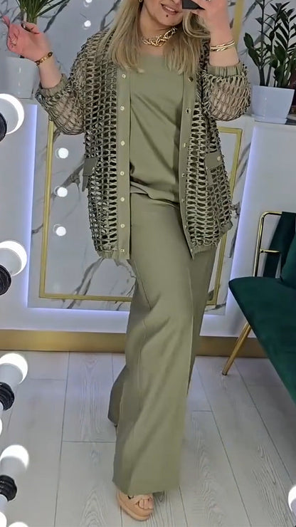 Trzyczęściowy damski kombinezon do dojazdów do pracy z wycięciem