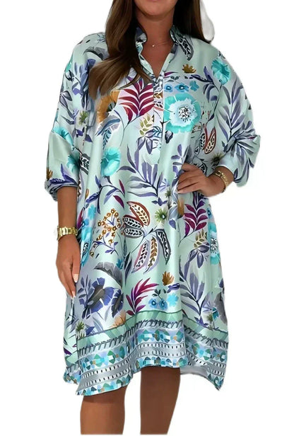 🌺Luźna sukienka w kwiaty z dekoltem w serek zapinanym na guziki