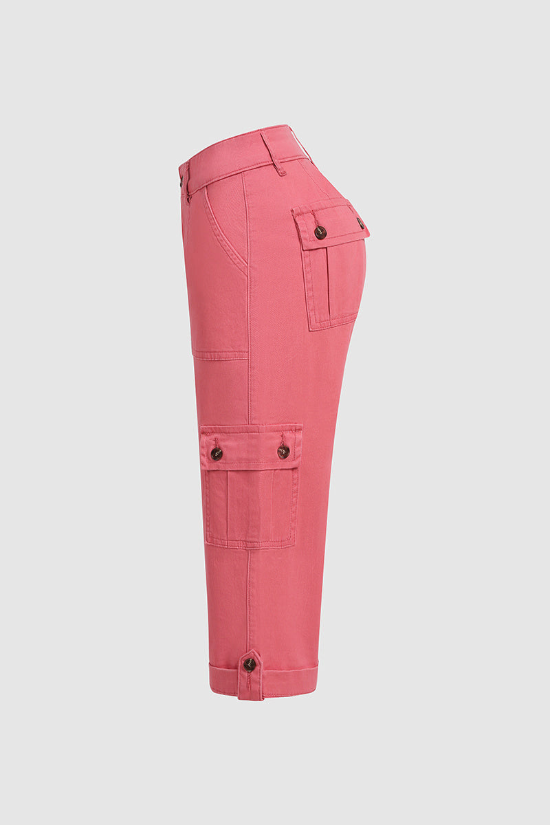 Spodnie Capri z kieszeniami i średnim stanem, zakładkami u dołu i kilkoma kieszeniami