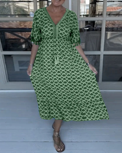 🔥Sukienka midi z dekoltem w kształcie litery V, frędzlami i rękawami z nadrukiem