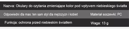 Zmieniające kolor okulary do czytania chroniące przed niebieskim światłem