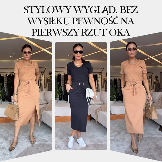 💥Komplet damski składający się z koszulki z dekoltem w serek i spódnicy midi👗