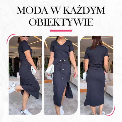 💥Komplet damski składający się z koszulki z dekoltem w serek i spódnicy midi👗
