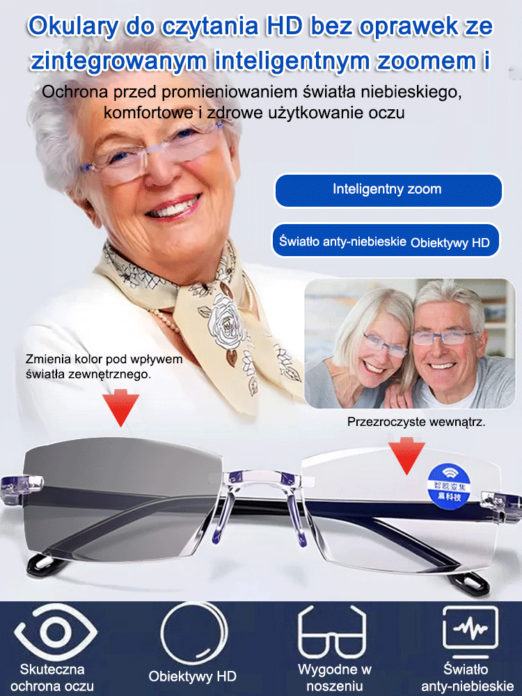 Bezramkowe okulary do czytania z regulacją ostrośc