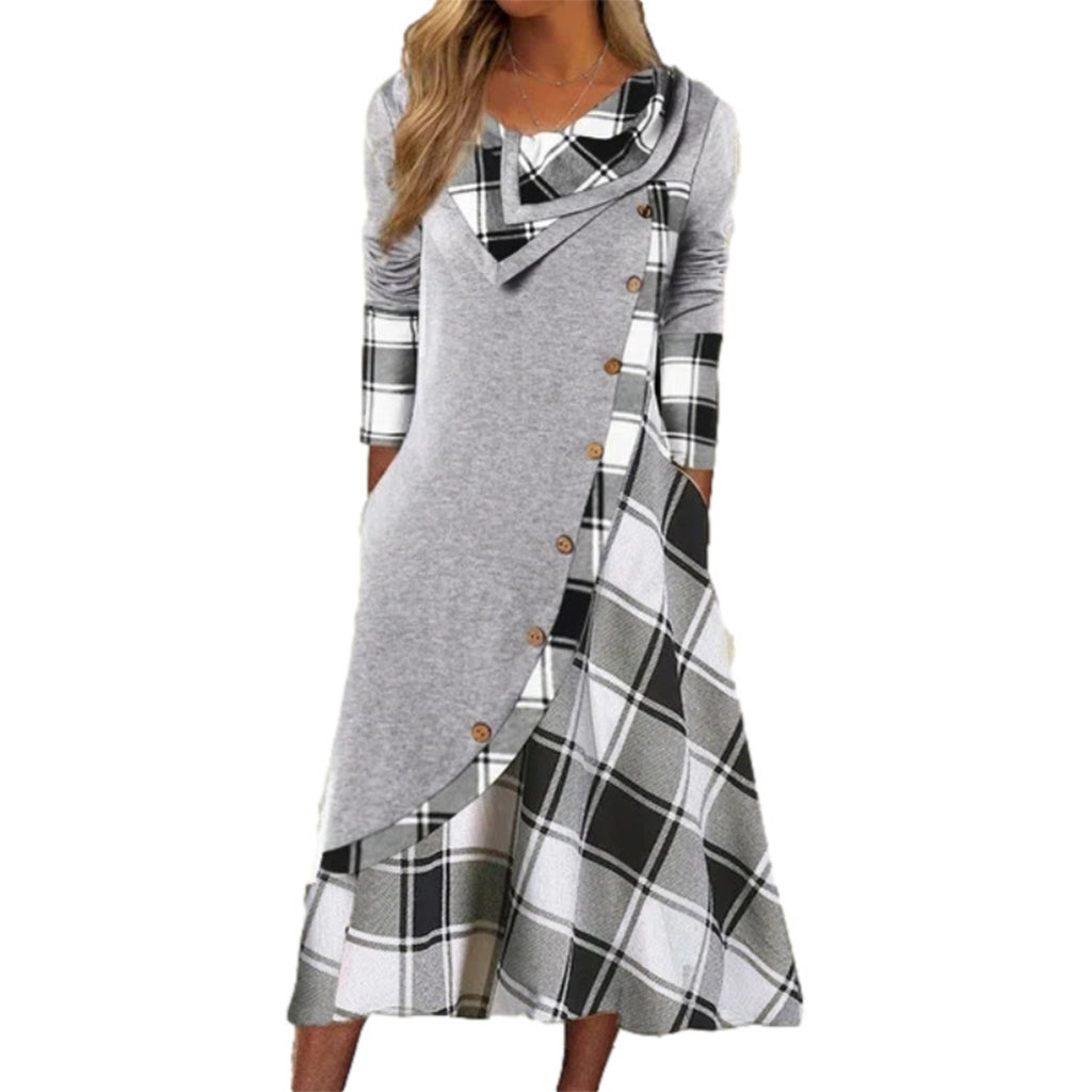 👗 Damska sukienka maxi w kratę z golfem i patchworkowym wzorem – elegancka, długa sukienka na jesień i ciepły ubiór