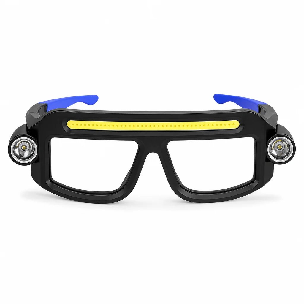 Okulary z latarką LED z podwójnym wiązką światła, bez użycia rąk, akumulatorowe okulary robocze COB typu C dla mechaników, na kemping i do napraw