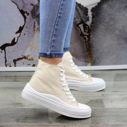 BEŻOWE DŁUGIE TRAMPKI DAMSKIE NA GRUBEJ PODESZWIE