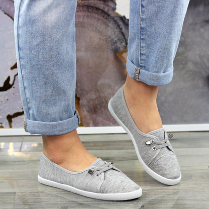 SZARE MATERIAŁOWE WYCIĘTE TENISÓWKI BALERINKI DAMSKIE NA LATO