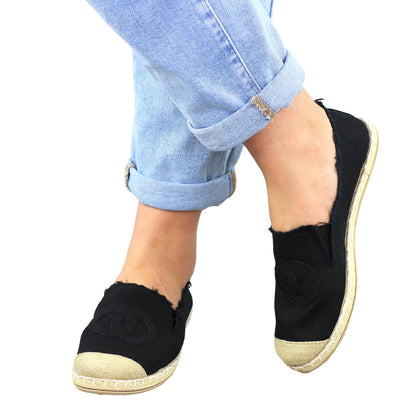 Modne czarne materiałowe espadryle damskie logowanie