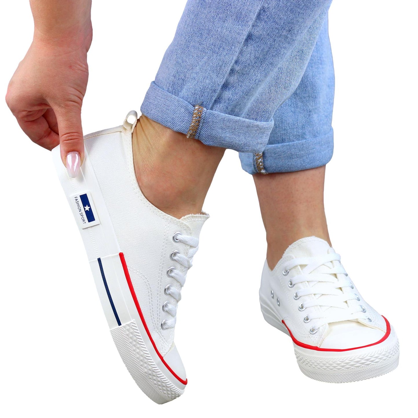 BIAŁE GŁADKIE MATERIAŁOWE TRAMPKI DAMSKIE FASHION