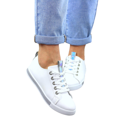 BIAŁO SZARE SKÓRZANE GŁADKIE TRAMPKI DAMSKIE efekt holo