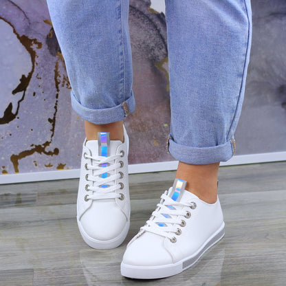 BIAŁO SZARE SKÓRZANE GŁADKIE TRAMPKI DAMSKIE efekt holo