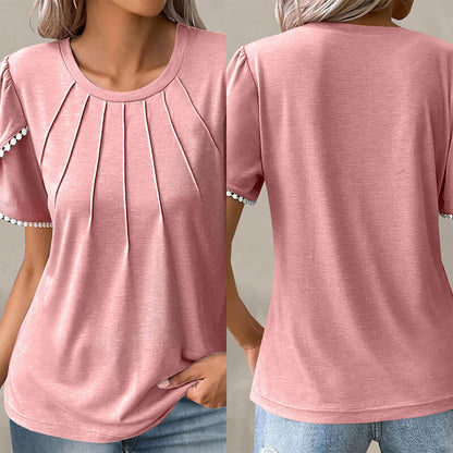 🔥Nowa damska, swobodna, jednokolorowa, koronkowa koszulka z okrągłym dekoltem