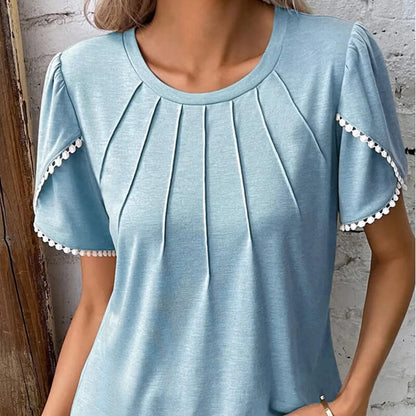 🔥Nowa damska, swobodna, jednokolorowa, koronkowa koszulka z okrągłym dekoltem