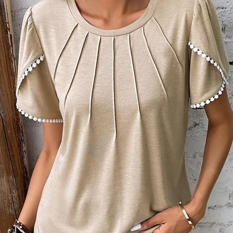 🔥Nowa damska, swobodna, jednokolorowa, koronkowa koszulka z okrągłym dekoltem