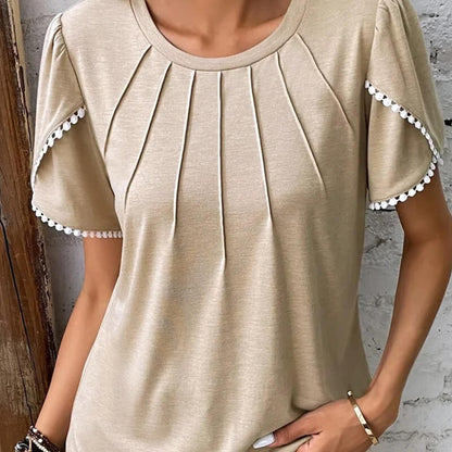 🔥Nowa damska, swobodna, jednokolorowa, koronkowa koszulka z okrągłym dekoltem