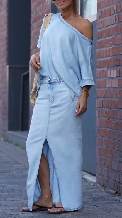 Damski garnitur casualowy z okrągłym dekoltem i denimu Tencel