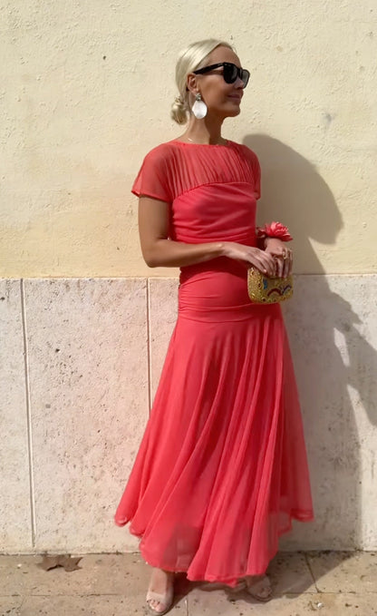 Damska sukienka szyfonowa na co dzień z okrągłym dekoltem i przeszyciami