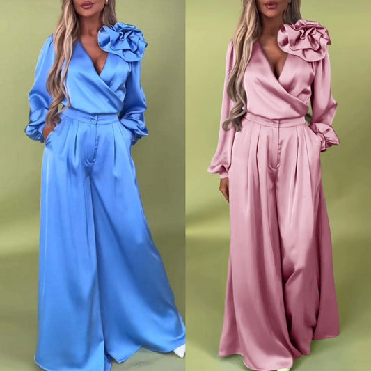 Luksusowy zestaw z satynową koszulą i szerokimi spodniami