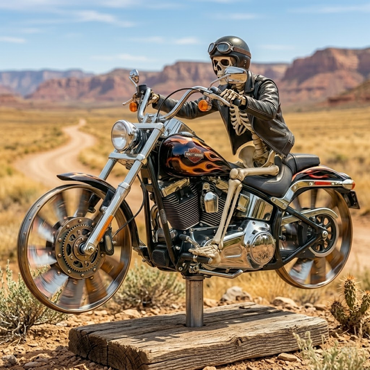Kombinezon ze skóry szkieletu jadący motocyklem w wiatraku ogrodowym