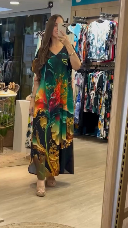 Damska luźna, swobodna sukienka z dekoltem w serek, nadrukiem i krótkimi rękawami