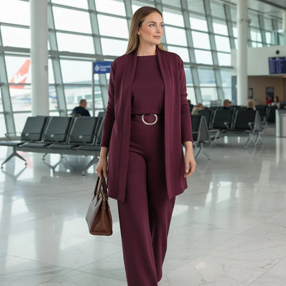 ⏳Specjalna oferta ograniczona czasowo⏰Elegancki 3-częściowy komplet zawierający długi kardigan, top i spodnie💞