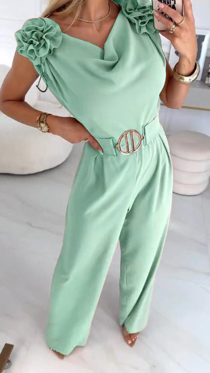 Letni damski kombinezon bez rękawów z trójwymiarowym kwiatowym wzorem i dekoltem w serek