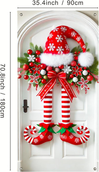 Świąteczny baner z nogami elfa na drzwiach