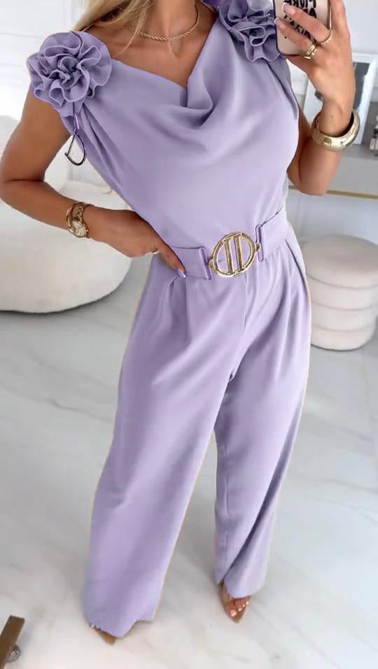 Letni damski kombinezon bez rękawów z trójwymiarowym kwiatowym wzorem i dekoltem w serek