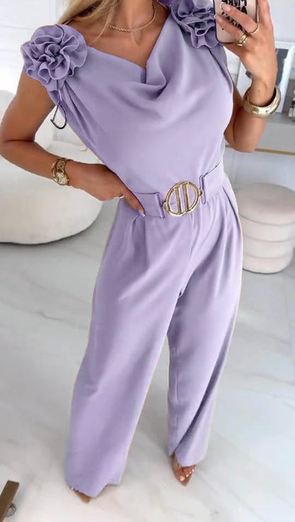 Letni damski kombinezon bez rękawów z trójwymiarowym kwiatowym wzorem i dekoltem w serek