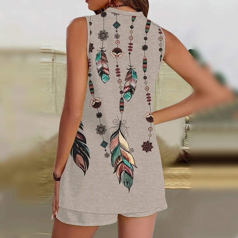 【L-4XL】🌸Komplet dwuczęściowy bez rękawów z nadrukiem i dekoltem w serek