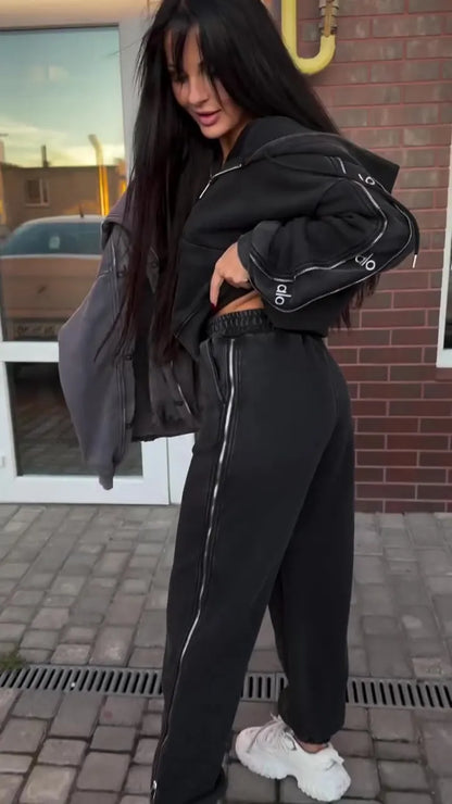 Acid-wash zip-up hoodie and sweatpants set with letter-print piping