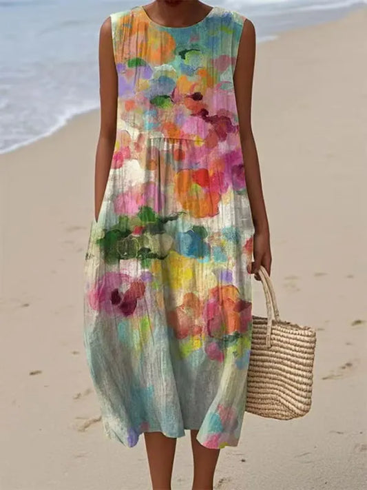 Letnia damska sukienka bez rękawów z okrągłym dekoltem