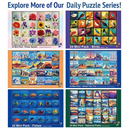 Rokt&razo Travel Series, 24 mini puzzle po 1000 elementów, 8 naklejek, 3 tematy: parki narodowe, światowe dziedzictwo, globalna wycieczka po mieście