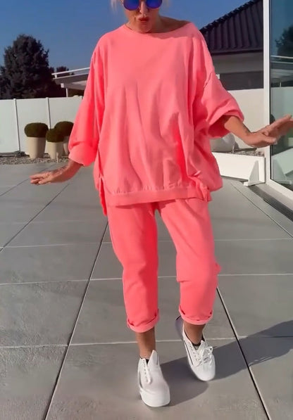 Letni damski okrągły dekolt rozcięcie jasny kolor casualowy garnitur