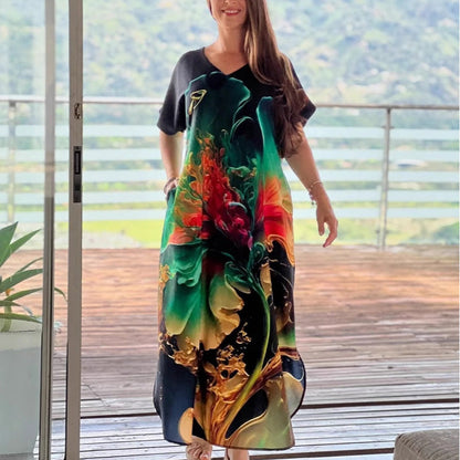 Damska luźna, swobodna sukienka z dekoltem w serek, nadrukiem i krótkimi rękawami