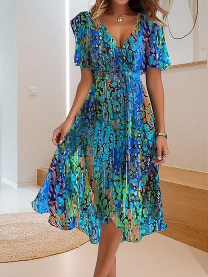 Prosta, swobodna sukienka z dekoltem w serek i nadrukiem