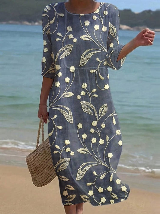 Damski stały stały kolor okrągły szyjka w połowie kwiecistej bawełniana i lniana sukienka