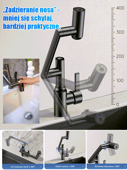 Nowo zmodernizowana obrotowa bateria ze stali nierdzewnej z ramieniem mechanicznym.
