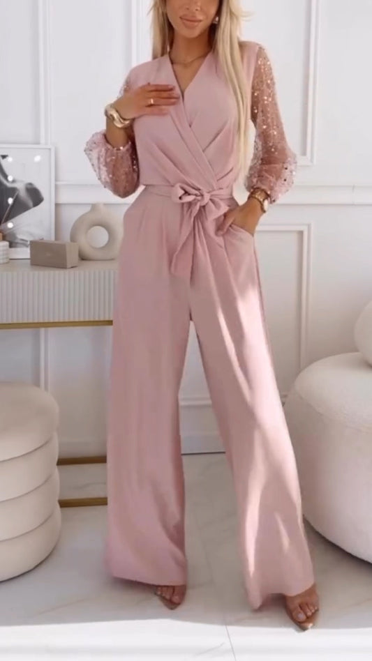 👑Damski garnitur casualowy z bufiastymi rękawami i dekoltem w serek, zdobiony cekinami