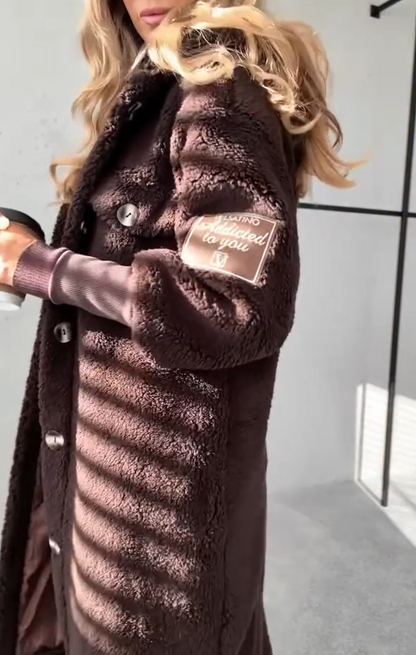 Damski, dzianinowy, z kapturem, zapinany na guziki, z długim rękawem, ciepły płaszcz futrzany