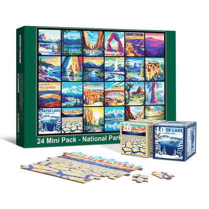 Rokt&razo Travel Series, 24 mini puzzle po 1000 elementów, 8 naklejek, 3 tematy: parki narodowe, światowe dziedzictwo, globalna wycieczka po mieście