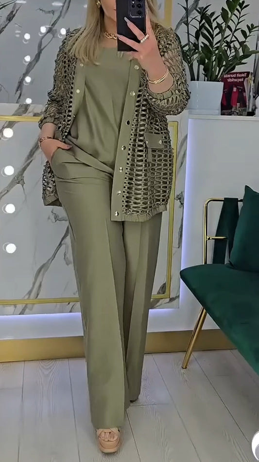 Trzyczęściowy damski kombinezon do dojazdów do pracy z wycięciem