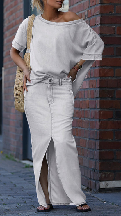 Damski garnitur casualowy z okrągłym dekoltem i denimu Tencel