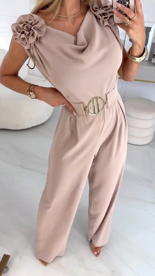 Letni damski kombinezon bez rękawów z trójwymiarowym kwiatowym wzorem i dekoltem w serek