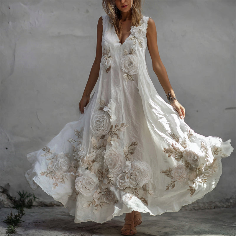 Sukienka maxi z lnu w stylu vintage z wzorem białej róży