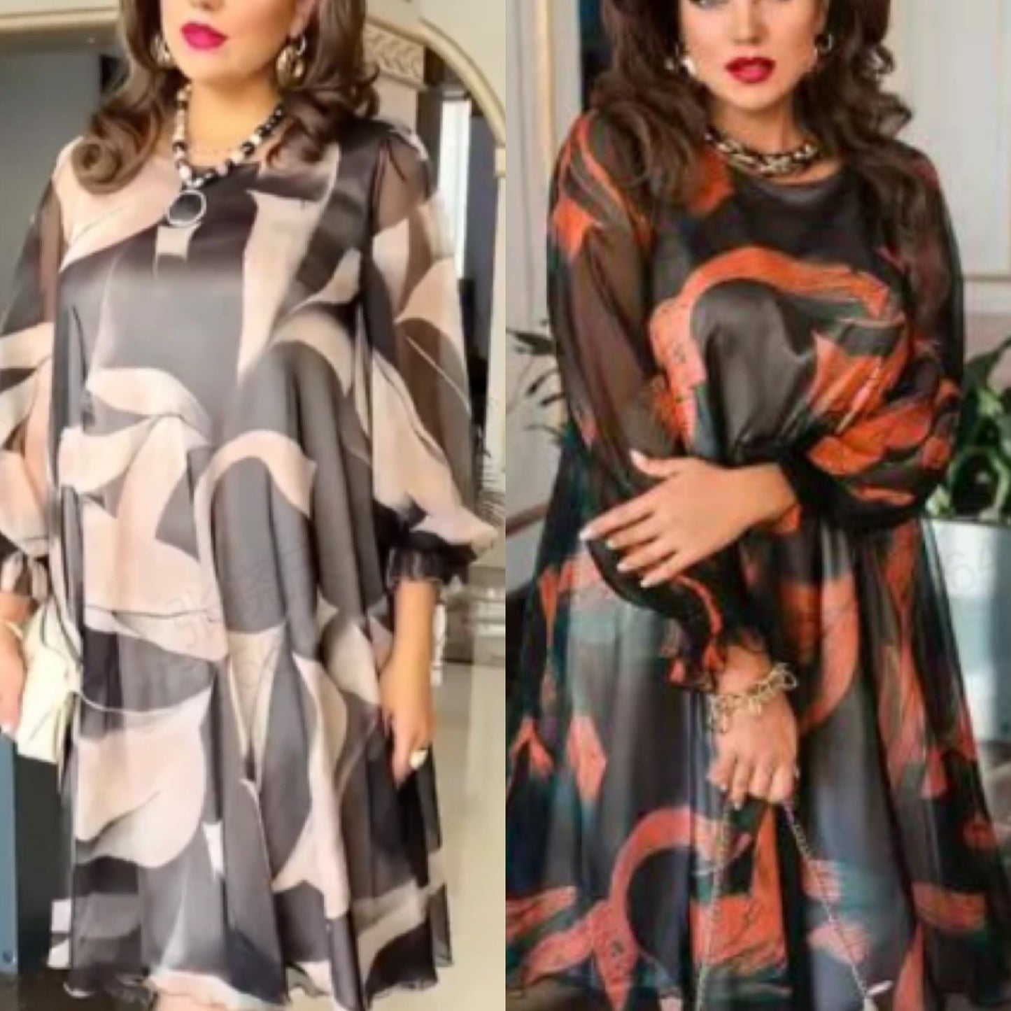 👗Płynąca sukienka z okrągłym dekoltem, długimi rękawami i nadrukiem